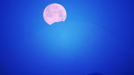 Les contours du Mont Fuji se devinent devant la "super Lune", juste avant l'aube, le 8 avril 2020, à Ebina City (Japon). (TETSU JOKO / YOMIURI / AFP)