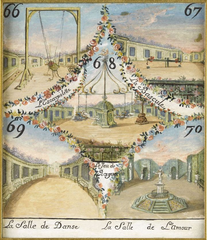 Carte d'un jeu de cavagnole ver 1776-1780 : L'Escarpolette, La Bascule, le Jeu de Bague, La Salle de Danse, La Salle de l'Amour.
 (Chantilly - Musée Condé)