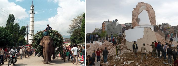 À gauche, la tour  Dharahara avant le séisme (on la voit en arrière-plan sur une photo d'octobre 1998). À droite, ce qu'il en reste au lendemain du séisme, le 26 avril 2015
 (STF / AFP)