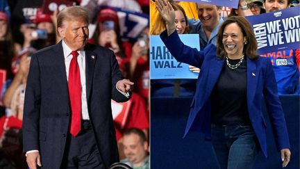 A gauche, Donald Trump candidat républicain à la présidentielle américaines, à droite Kamala Harris, candidate démocrate pour l'élection du 5 novembre. (ROBERTO SCHMIDT,DAVID BECKER / AFP)