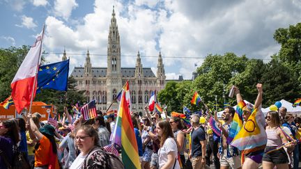 Des participants à la Rainbow Parade, l'édition locale de la marche des fiertés, à Vienne (Autriche), le 17 juin 2023. (CHRISTIAN BRUNA / EPA / MAXPPP)
