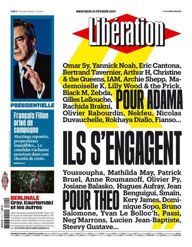 La une du journal "Libération", mercredi 15 dévrier 2017. (LIBERATION)