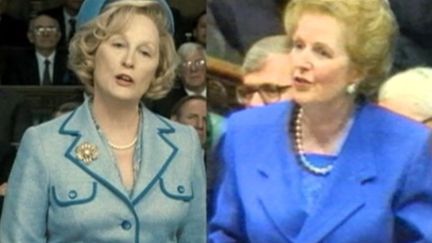 A gauche, Meryl Streep en Margaret Thatcher. A droite, la "vraie" Dame de fer (DR)