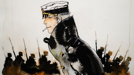 une aquarelle d'Hugo Pratt intitulée "Corto Maltese - La Giovinezza" présentée à l'inauguration de l'exposition Corto Maltese à Naples, 24 avril 2019 (ELIANO IMPERATO / CONTROLUCE)