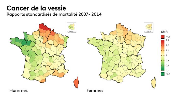 La carte de la surmortalité des cancers de la vessie en France entre 2007 et 2016 (rapports standardisés, source : Santé publique France). (FRANCEINFO)