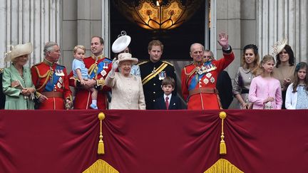 La famille royale britannique lors de la parade militaire traditionnellement organisée pour l'anniversaire de la reine Elizabeth II, le 13 juin 2015 à Londres, au Royaume-Uni. (BEN STANSALL / AFP)