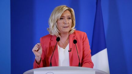 Marine Le Pen lors d'une conférence de presse au siège du Rassemblement national, à Nanterre (Hauts-de-Seine), le 29 janvier 2021. (THOMAS SAMSON / AFP)