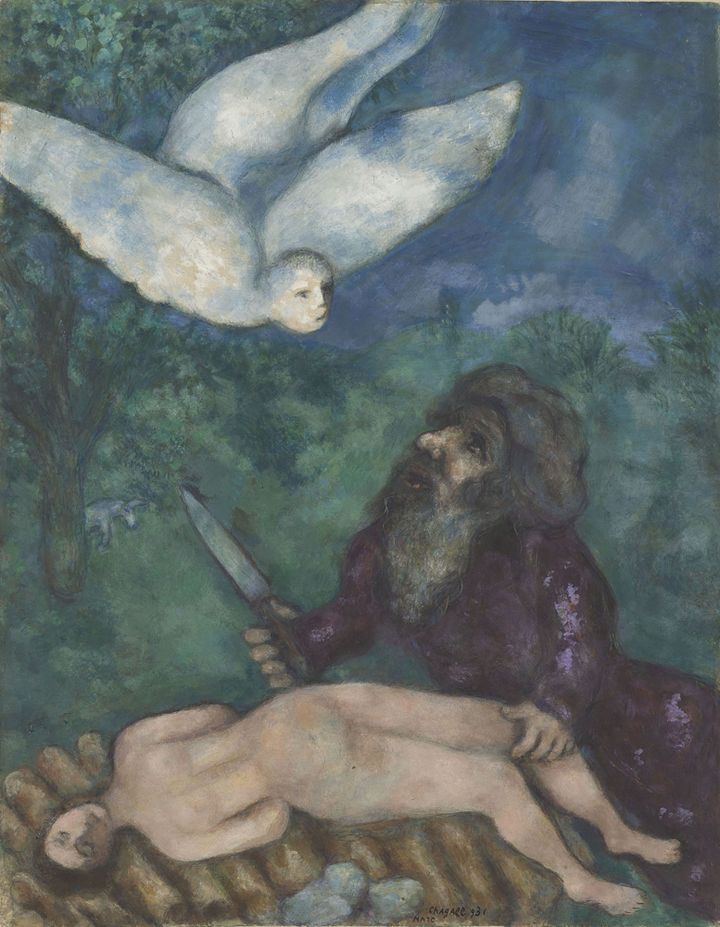 Marc Chagall, Abraham prêt à immoler son fils 1931, huile et gouache sur papier, musée national
	Marc Chagall
 (RMN Grand Palais / Adrien Didierjean - Adagp, Paris 2014)