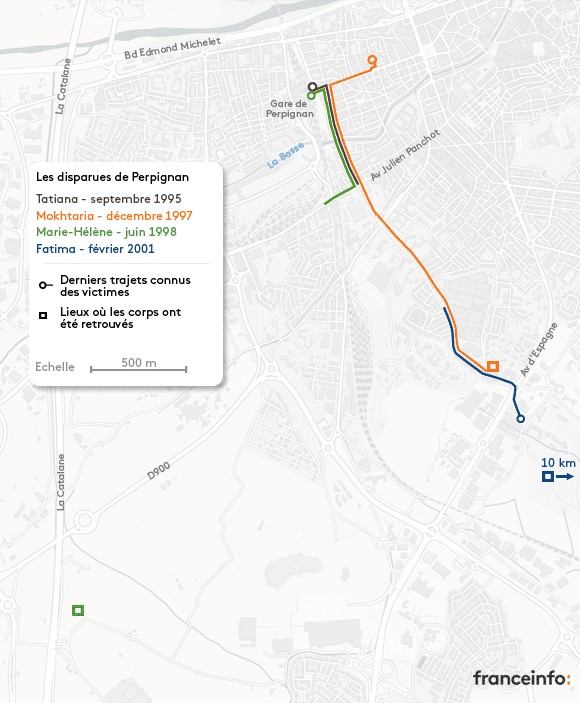 Carte de la trajectoire des "disparues de la gare" de Perpignan. (NICOLAS ENAULT/FRANCEINFO)