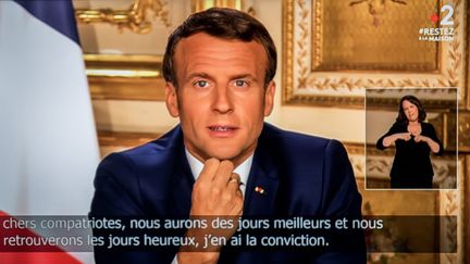 Le président de la République, Emmanuel Macron, le 13 avril 2020, lors de sa quatrième allocution sur la crise du coronavirus. (MAUD DUPUY / HANS LUCAS)