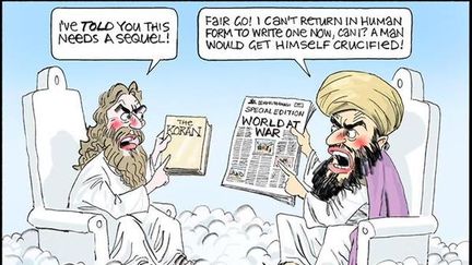 Un dessin humorisitique repr&eacute;sentant J&eacute;sus et Mahomet, publi&eacute; dans The Week-end Australian&nbsp;le 10 janvier 2015.&nbsp; (BILL LEAK / THE WEEK END AUSTRALIAN)