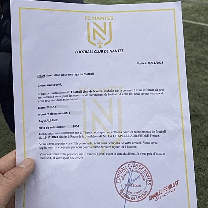 La fausse convocation de Buna, 19 ans, pour un essai au FC Nantes. (Capture d'écran Twitter @MatthieuBideau)