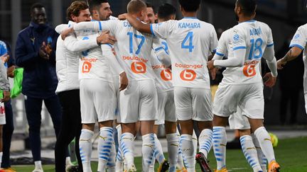 La joie des joueurs de l'OM samedi soir. (CHRISTOPHE SIMON / AFP)