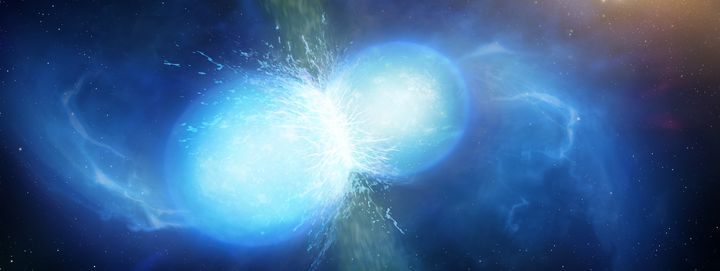 Une représentation graphique de la fusion entre deux étoiles à neutron, observée pour la première fois le 17 août 2017. (MARK GARLICK / SCIENCE PHOTO LIBRA / MGA)