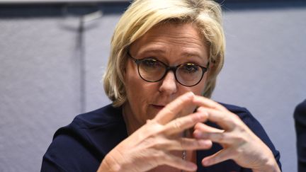 La présidente du Front national, Marine Le Pen, le 2 novembre 2017, lors d'une conférence de presse à Calais. (DENIS CHARLET / AFP)