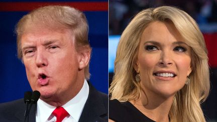 Le milliardaire, et candidat républicain, Donald Trump et la journaliste de Fox News Megyn Kelly, le 6 août 2015 à Cleveland (Ohio, Etats-Unis), lors d'un débat télévisé. (JOHN MINCHILLO / AP / SIPA)