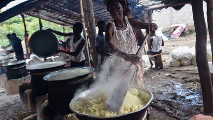 un plat fait à base de semoule de manioc cuite, à Afféry (sud de la Côte d’Ivoire)? le 25 juin 2018. Un plat très prisé en Afrique de l’Ouest. Le continent est le plus grand producteur mondial de cette plante (57%), dont on consomme les tubercules, riches en glucides et en amidon, mais aussi les feuilles et la fécule, produite à partir des racines. La plante entre par exemple dans le bol de 80% des 180 millions d'habitants du Nigeria, pays le plus peuplé d'Afrique. «La striure brune du manioc, une maladie virale, qui cause la perte de 90 à 100% de la production en Afrique centrale, est en train de faire mouvement vers l’Afrique de l’Ouest. C'est une menace à prendre très au sérieux», explique le Dr Justin Pita, directeur exécutif du programme West Africain Virus Epidemiology. Le virus se propage par des mouches blanches. Les êtres humains peuvent aussi être des vecteurs de transmission lorsqu'ils transportent les boutures de manioc. (SIA KAMBOU / AFP)