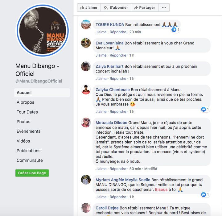 Les messages de prompt rétablissement adressés à Manu Dibango sur sa page Facebook, le 18 mars 2020. (FACEBOOK)