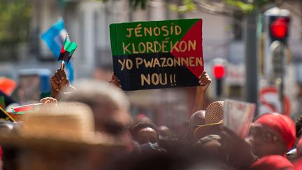Plusieurs milliers de personnes manifestent à Fort-de-France, en Martinique, le 27 février 2021, contre la menace de prescription dans le dossier judiciaire du chlordécone. (LIONEL CHAMOISEAU / AFP)