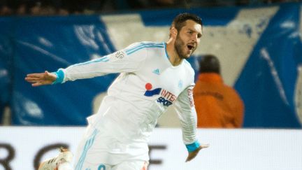 L'attaquant de l'OM Andr&eacute;-Pierre Gignac f&ecirc;te un de ses buts au V&eacute;lodrome face &agrave; Lyon, le 4 mai 2014.&nbsp; (BERTRAND LANGLOIS / AFP)