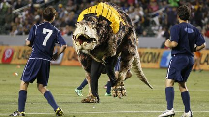 Un homme en costume de tyrannosaure traverse le terrain lors d'un match de football entre les Los Angeles Galaxy et les Seattle Sounders &agrave; Carson (Californie, Etats-Unis), le 26 mai 2013. (DANNY MOLOSHOK / REUTERS)