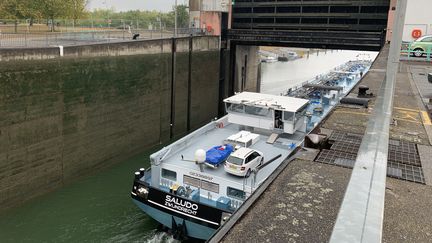 Une péniche sur le Rhin, passant l’écluse de Gambsheim (Bas-Rhin) au nord de Strasbourg, le 19 août 2022. (GRÉGOIRE LECALOT / RADIO FRANCE)