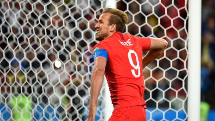 Harry Kane célèbre son but inscrit sur penalty face à la Colombie, mardi 3 juillet 2018 à Moscou (Russie). (ALEXANDER NEMENOV / AFP)