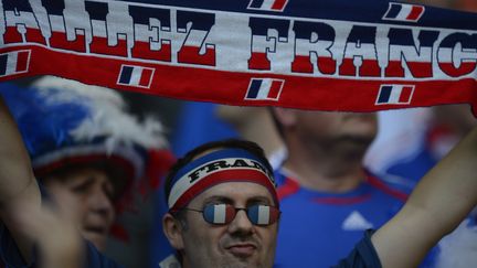 Un supporter qui voit la vie en bleu blanc rouge, le 11 juin 2012, lors du match France-Angleterre &agrave; Donetsk (Ukraine). (FILIPPO MONTEFORTE / AFP)