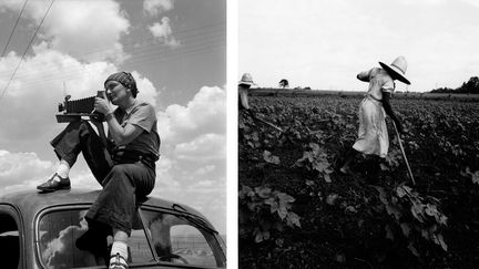 A gauche, photo de Paul S. Taylor, "Dorothea Lange au Texas sur les Plaines" vers 1935 - A droite, Dorothea Lange, "Near Eutah, Alabama", 1936
 (A gauche et à droite © The Dorothea Lange Collection, the Oakland Museum of California, City of Oakland. Gift of Paul S. Taylor)