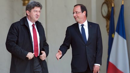 Jean-Luc M&eacute;lenchon mardi 5 juin 2012 &agrave; l'issue d'une rencontre avec le pr&eacute;sident Hollande &agrave; l'Elys&eacute;e. (BERTRAND LANGLOIS / AFP)