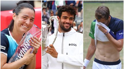 Ons Jabeur et Matteo Berrettini titrés à Berlin et au Queen's, Daniil Medvedev a lui été battu en finale à Halle dimanche 19 juin 2022.&nbsp; (Wolfgang Kumm / DPA / dpa Picture-Alliance via AFP - Adrian Dennis / AFP -  Carmen Jaspersen / AFP)