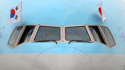 Un avion de&nbsp;Korean Air, transportant le pr&eacute;sident sud-cor&eacute;en Lee Myung-Bak,&nbsp;arrive &agrave; l'a&eacute;roport de Tokyo (Japon), le 28 juin 2009. (TOSHIFUMI KITAMURA / AFP)