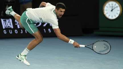 Novak Djokovic lors de son match face au Canadien, Milos Raonic, le 14 février 2021.  (BRANDON MALONE / AFP)