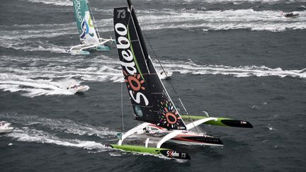 Le trimaran classe Ultime du Fra&ccedil;ais Thomas Coville, au d&eacute;part de la Route du Rhum, le 2 novembre 2014. (DAMIEN MEYER / AFP)