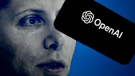 Le logo de l'organisation OpenAI sur le visage de son directeur général Sam Altman