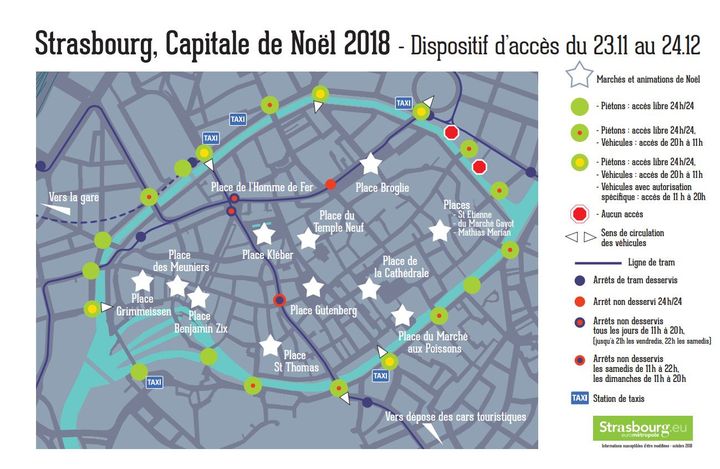 La carte des accès à la "Grande Ile" durant la période du marché de Noël à Strasbourg (Bas-Rhin). (EUROMETROPOLE DE STRASBOURG)