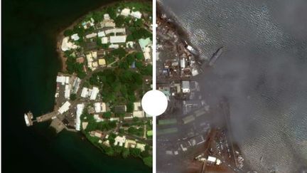 Le port de plaisance de Dzaoudzi, photographié avant et après le cyclone qui a ravagé Mayotte, samedi 14 décembre 2024. (IMAGES SATELLITE @2024 MAXAR TECH / AFP)