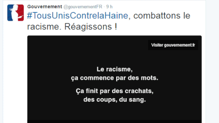 &nbsp; (La campagne #TousUnisContrelaHaine relayée sur twitter par le gouvernement)