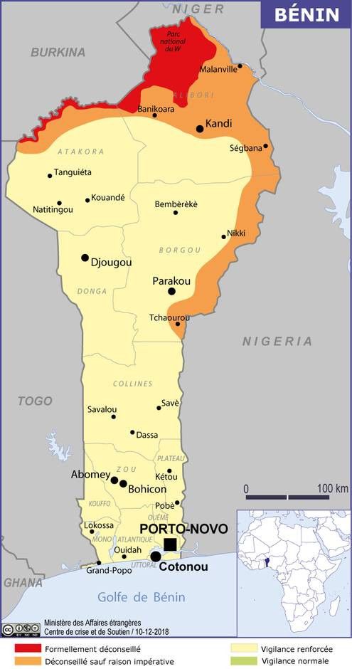 Le ministère des affaires étrangères recommande aux ressortissants français de faire preuve d'une vigilance particulière dans les zones frontalières ainsi que dans les zones isolées ou à faible densité de population, notamment dans le nord du Bénin.&nbsp; (MINISTERE DES AFFAIRES ETRANGERES)