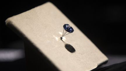 Le "Blue Moon Diamond" présenté au Musée d'histoire naturelle de Los Angeles (Californie, Etats-Unis), le 12 septembre 2014. (MARIO ANZUONI / REUTERS)