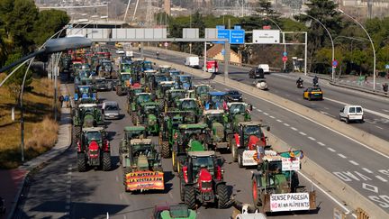 Des agriculteurs manifestent sur une voie rapide à Barcelone (Espagne), le 7 février 2024. (PAU BARRENA / AFP)