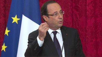 Fran&ccedil;ois Hollande lors de son discours de cl&ocirc;ture des Assises de l'entrepreneuriat &agrave; l'Elys&eacute;e, &agrave; Paris, le 29 avril 2013.&nbsp; (MICHEL EULER / AFP)