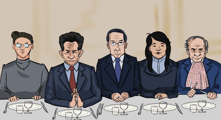 De gauche à droite : une interprète, Nicolas Sarkozy, Claude Géant, Sophie Dion et Michel Platini qui auraient déjeuné avec deux représentants qataris en novembre 2010.&nbsp; (Illustration Nicolas Dewit - Radio France)