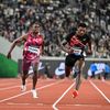 Les sprinteurs Akani Simbine, Christian Coleman et Fred Kerley lors du meeting de Suzhou (Chine) comptant pour la Ligue de diamant, le 27 avril 2024. (HECTOR RETAMAL / AFP)