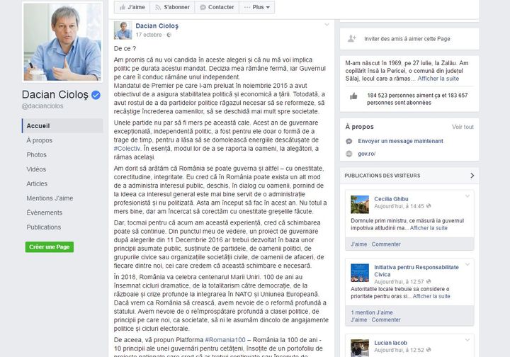 Le 17 octobre 2016, Dacian Ciolos annonce sur son compte Facebook qu'il est prêt à rempiler. (DR (capture d&#039;écran))