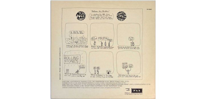 La bande dessinée en six cases de Charlie Watts dessinée pour l'album des Rolling Stones "Between the Buttons" (1967). Il apparaît au dos de la pochette du disque. (CHARLIE WATTS)