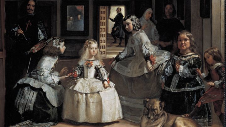 "Las Meninas" (Les Menines : dames d'honneur), 1656. Peinture de Diego Vélasquez (1599-1660) représentant la famille de Philippe IV (1605-1665), à gauche autoportrait de l'artiste devant son chevalet. (LEEMAGE / AFP)