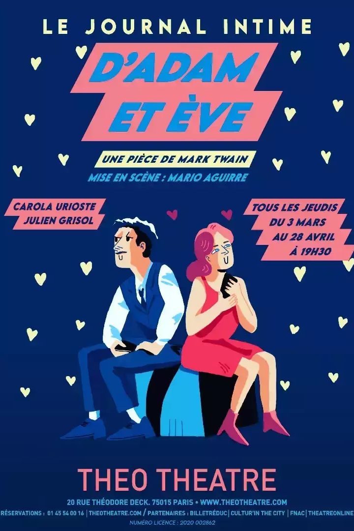 L'affiche du&nbsp;"Journal intime d’Adam et Eve" de Mark Twain, joué au Théo Théâtre à Paris du 3 mars au 28 avril 2022. (THEO THEATRE)