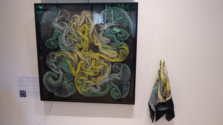 Exposition "Echo !": twill de soie épinglé sur un carton et encadré. A côté un foulard de soie signé Sophie Guyot
 (Corinne Jeammet)