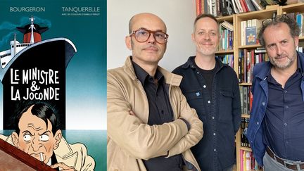 Hervé Tanquerelle, Hervé Bourhis et Franck Bourgeron, dessinateurs et scénaristes de "Le ministre et la Joconde", septembre 2022 (Laurence Houot / FRANCEINFO CULTURE)